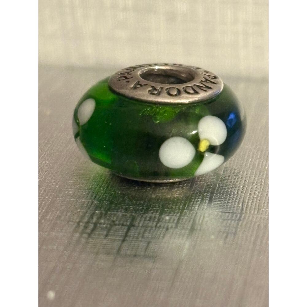 Authentic Pandora Retired Green Flowers Murano Glass Charm 925 Sterling Silver